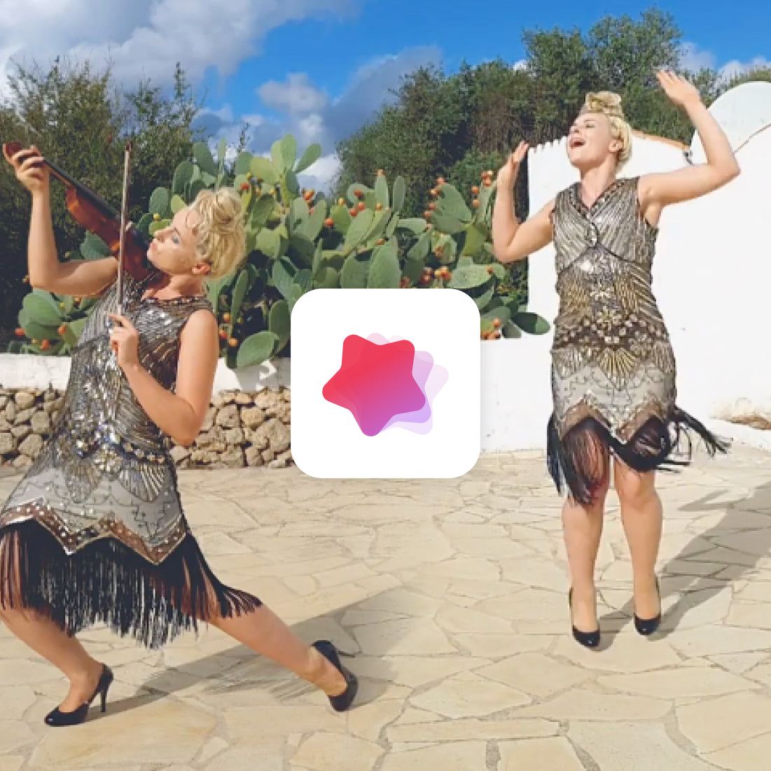 Two women dancing outdoors in vintage dresses with Pivo Play App logo overlay