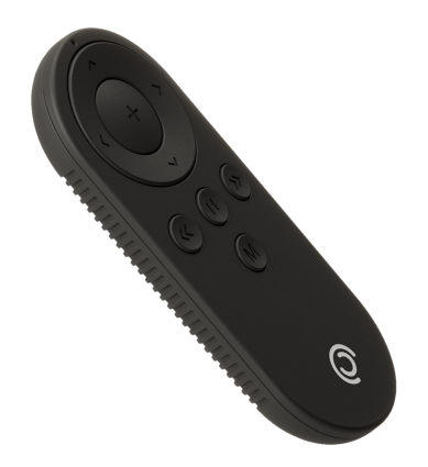 Lightweight remote control for Pivo Pods, compact design, black color, multiple buttons for control functions.