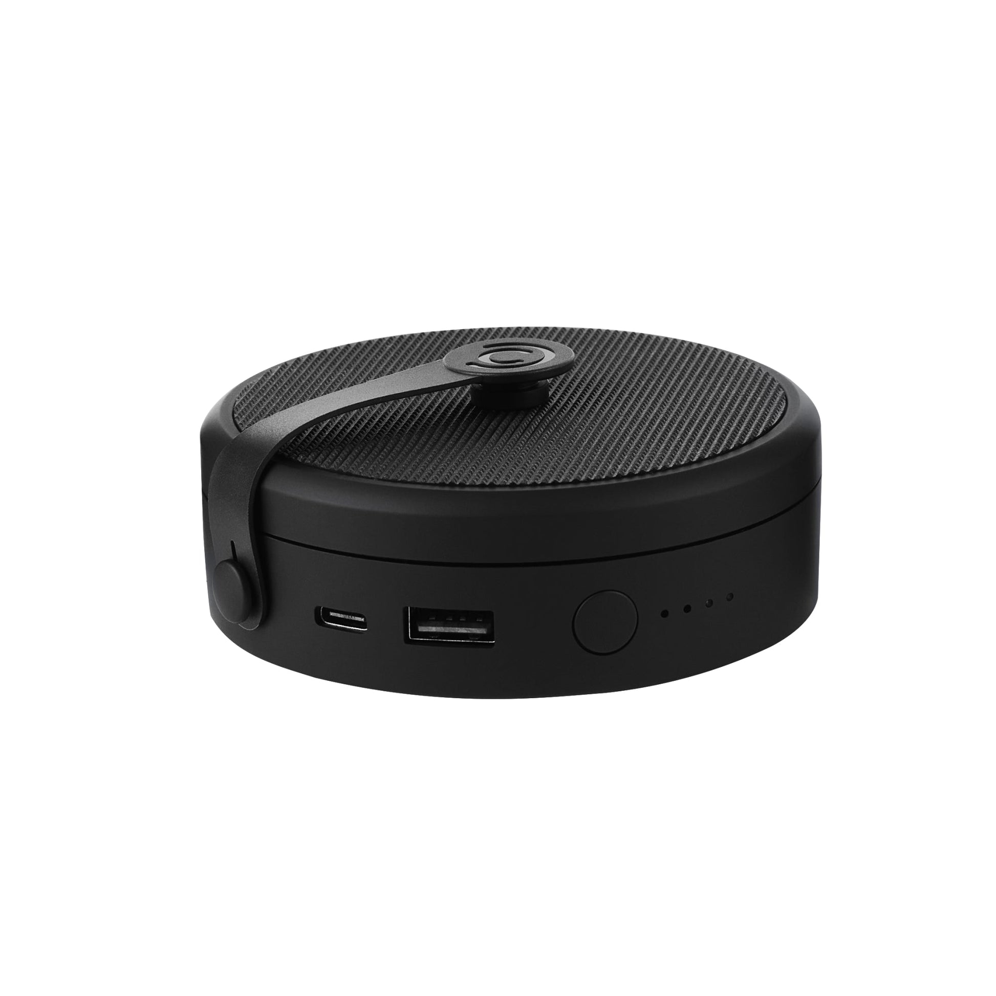 Compact black portable power bank with 9000mAh capacity, dual USB ports, fast charging, and durable design